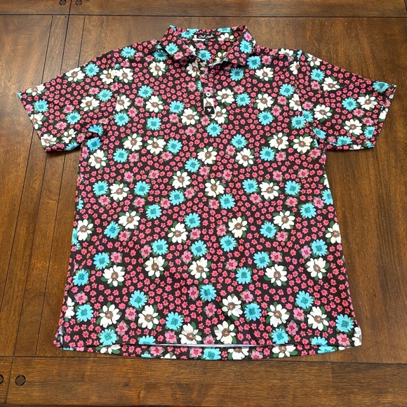 Bad Birdie Other - Bad Birdie Polo SS Shirt Black Floral Performance Golf Stretch Men XLarge